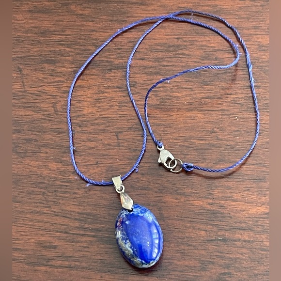 Natural lapis lazuli gemstone 18K gold plated bail pendant and blue silk cord - Picture 3 of 8